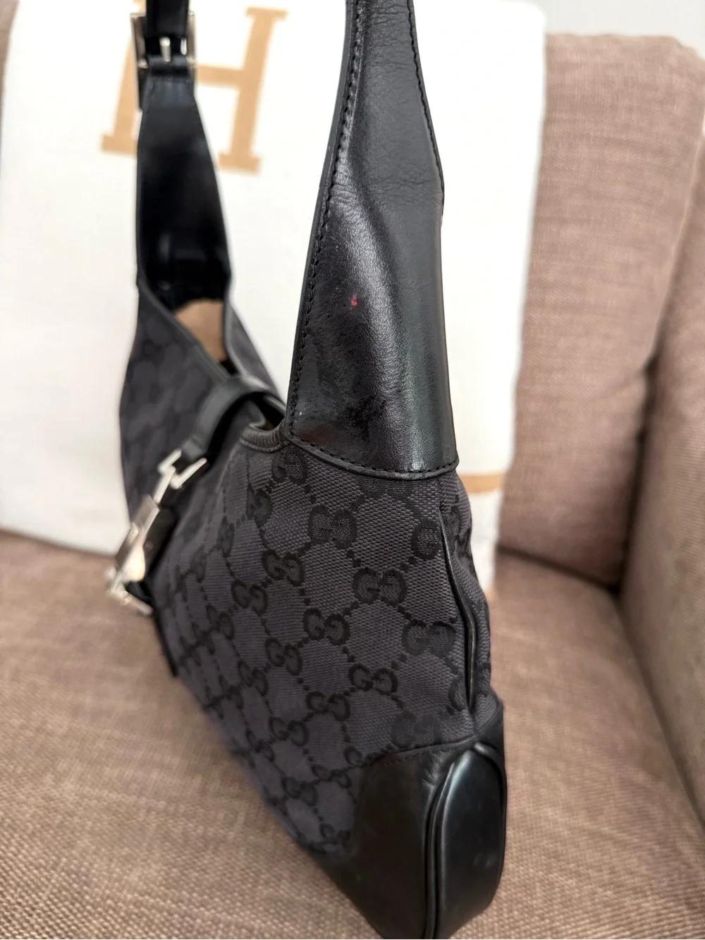 Gucci authentic Jackie hobo bag black monogram canvas black leather shoulder bag
